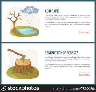 Destruction of forests vector, deforestation and acid rain, harmful liquid, lake and tree without leaves. Ax environmental problems info. Website or webpage template flat style. Concept for Earth day. Destruction of Forests, Acid Rains Website Set
