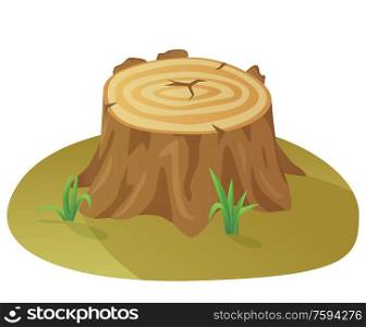 Destruction of forests vector, deforestation problem isolated tree stump on meadow. Field with grass and foliage, greenery of nature and damage by people. Tree Stump, Damaged Tree, Destruction of Forest