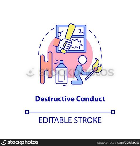 Destructive conduct concept icon. Groups of behaviors. Conduct disorder abstract idea thin line illustration. Isolated outline drawing. Editable stroke. Arial, Myriad Pro-Bold fonts used. Destructive conduct concept icon
