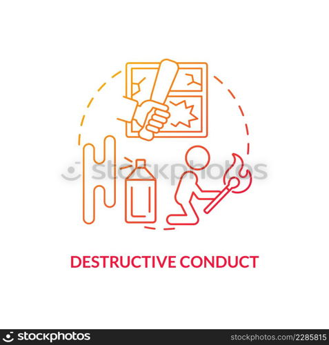 Destructive conduct red gradient concept icon. Groups of behaviors. Mental issue. Conduct disorder abstract idea thin line illustration. Isolated outline drawing. Myriad Pro-Bold fonts used. Destructive conduct red gradient concept icon