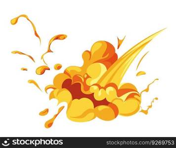 Destructive shattering, isolated explosion effect. Eruption of magma with burning parts and fire wave. Discharge and detonation, ingnition and blowing up, burst or outbreak. Vector in flat style. Explosion effect, eruption of magma or attack
