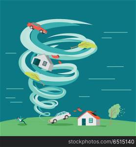 Destructive tornado vector concept. Flat design. Huge vortex lifted into the air house, car and trees, knocked down man and destroyed building. Natural disaster illustration for insurance company ad. Natural Disaster Flat Design Vector Illustration. Natural Disaster Flat Design Vector Illustration