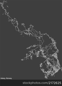 Detai≤d≠gative navigation white li≠s urban street roads map of the Norwegian®ional caπtal city of ASKOY, NORWAY on dark gray background