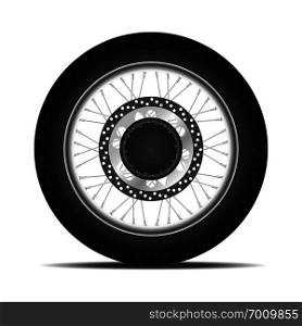 Detailed black motorbike wheel with spokes and shadow. black motorbike wheel