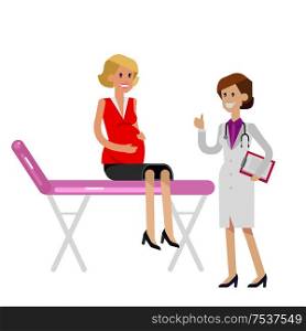 detailed character happy pregnant woman having a doctor visit in hospital. Gynecologist woman indicates that everything is OK. Cool flat illustration isolated on white background.. Happy pregnant woman having a doctor visit
