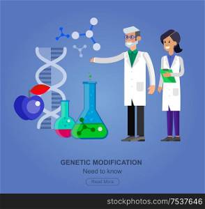 detailed character men and woman scientis, laboratory technician. Biotechnology icons concept, composition of genetic engineering. Selfie shots family and couples vector