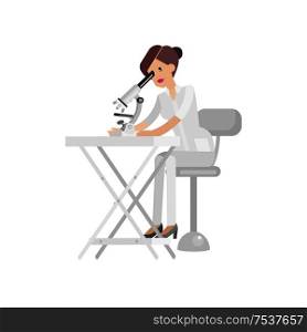 Detailed character men woman scientis, laboratory technician looking through a microscope. Selfie shots family and couples vector
