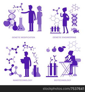 Detailed character men woman scientis, laboratory technician scientis looking through a microscope, Biotechnology scientis, genetic engineering scientis, nanotechnology. Selfie shots family and couples vector