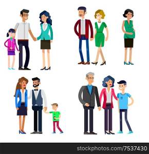 Detailed character people family, parents with kids, couple, family with children, gay family. Vector family character. Illustration family people isolated on white background. parents with kids, couple, family and children