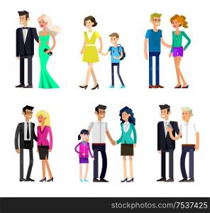 Detailed character people family, parents with kids, couple, family with children. Vector family character. Illustration family people. parents with kids, couple, family and children