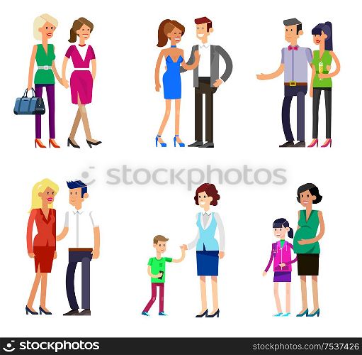 Detailed character people family, parents with kids, couple, family with children. Vector family character. Illustration family people. parents with kids, couple, family and children