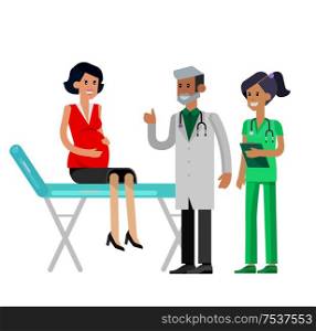 detailed character pregnant woman having a doctor visit in hospital. Gynecologist men and smiling nurse indicates that everything is OK. Cool flat illustration isolated on white background.. Happy pregnant woman having a doctor visit