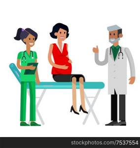 detailed character pregnant woman having a doctor visit in hospital. Gynecologist men and smiling nurse indicates that everything is OK. Cool flat illustration isolated on white background.. Happy pregnant woman having a doctor visit
