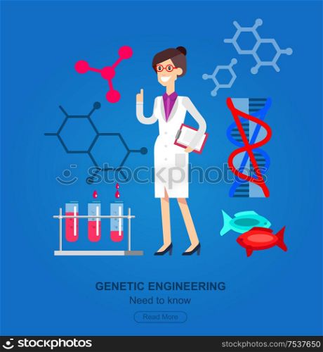 detailed character woman scientis, laboratory technician looking through a microscope, Biotechnology icons concept, composition of genetic engineering. Selfie shots family and couples vector