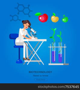 detailed character woman scientis, laboratory technician looking through a microscope, Biotechnology icons concept. Selfie shots family and couples vector