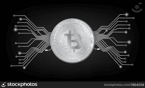 Detailed gold coin Bitcoin BTC token with pcb tracks in black and white on dark background. Digital gold in techno style for website or banner. Vector illustration.