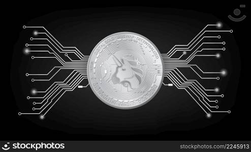 Detailed gold coin UniSwap UNI token of defi sector in black and white with pcb tracks on dark background. Digital gold in techno style for website or banner. Vector illustration.. Detailed gold coin UniSwap UNI token of defi sector in black and white with pcb tracks on dark background. Digital gold in techno style for website or banner.