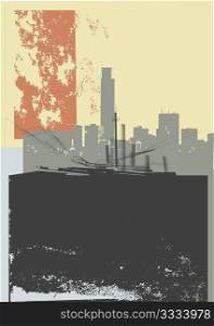 detailed grunge image of skyscrapers on decorative grunge background. Vector illustration.