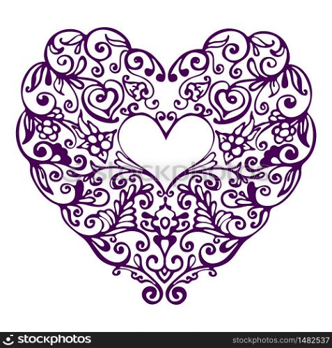 Detailed hand drawn doodle purple ornate heart isolated over white background. Romantic symbol flourish vector illustration.. Detailed hand drawn doodle lace ornate heart