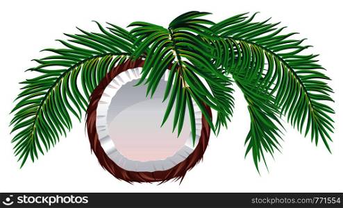 Detailed illustration of tasty coconut half with palm leaves background.