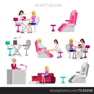 Detailed Manicurist character makes a professional manicure and pedicure beautiful blond woman. Web banner template for beauty saloon. template for beauty saloon template for beauty saloon