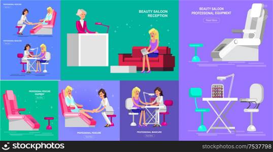 Detailed Manicurist character makes a professional manicure and pedicure beautiful blond woman. Web banner template for beauty saloon. template for beauty saloon template for beauty saloon