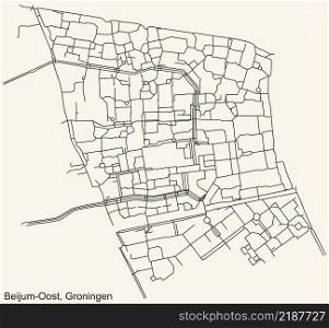 Detailed navigation black lines urban street roads map of the BEIJUM-OOST NEIGHBORHOOD of the Dutch regional capital city Groningen, Netherlands on vintage beige background