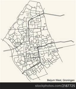 Detailed navigation black lines urban street roads map of the BEIJUM-WEST NEIGHBORHOOD of the Dutch regional capital city Groningen, Netherlands on vintage beige background