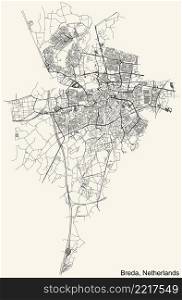 Detailed navigation black lines urban street roads map of the Dutch regional capital city of BREDA, NETHERLANDS on vintage beige background
