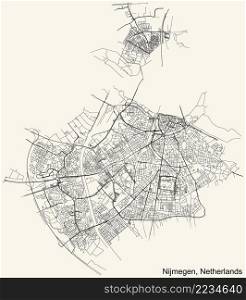 Detailed navigation black lines urban street roads map of the Dutch regional capital city of NIJMEGEN, NETHERLANDS on vintage beige background
