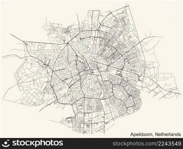 Detailed navigation black lines urban street roads map of the Dutch regional capital city of APELDOORN, NETHERLANDS on vintage beige background