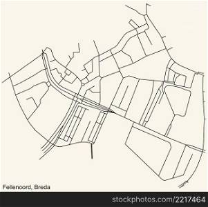 Detailed navigation black lines urban street roads map of the FELLENOORD NEIGHBORHOOD of the Dutch regional capital city Breda, Netherlands on vintage beige background