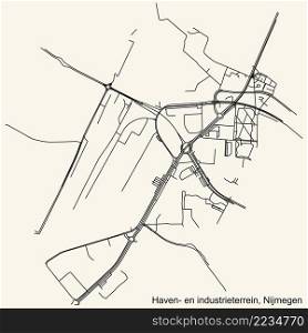 Detailed navigation black lines urban street roads map of the HAVEN- EN INDUSTRIETERREIN NEIGHBORHOOD of the Dutch regional capital city Nijmegen, Netherlands on vintage beige background