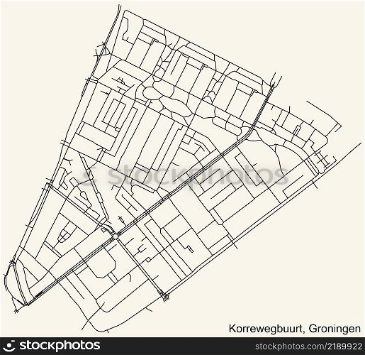 Detailed navigation black lines urban street roads map of the KORREWEGBUURT NEIGHBORHOOD of the Dutch regional capital city Groningen, Netherlands on vintage beige background