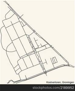 Detailed navigation black lines urban street roads map of the KOSTVERLOREN NEIGHBORHOOD of the Dutch regional capital city Groningen, Netherlands on vintage beige background