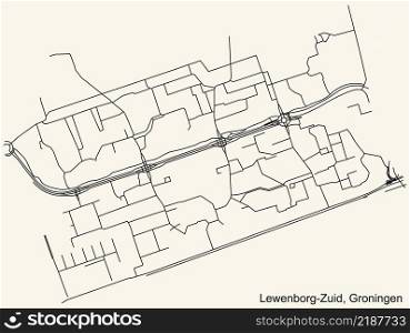 Detailed navigation black lines urban street roads map of the LEWENBORG-ZUID NEIGHBORHOOD of the Dutch regional capital city Groningen, Netherlands on vintage beige background