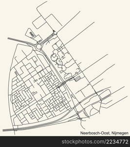 Detailed navigation black lines urban street roads map of the NEERBOSCH-OOST NEIGHBORHOOD of the Dutch regional capital city Nijmegen, Netherlands on vintage beige background