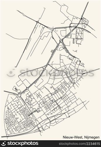 Detailed navigation black lines urban street roads map of the NIJMEGEN-NIEUW-WEST DISTRICT of the Dutch regional capital city Nijmegen, Netherlands on vintage beige background