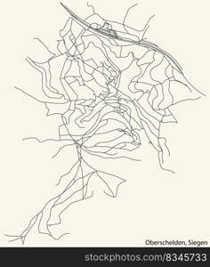 Detailed navigation black lines urban street roads map of the OBERSCHELDEN QUARTER of the German regional capital city of Siegen, Germany on vintage beige background