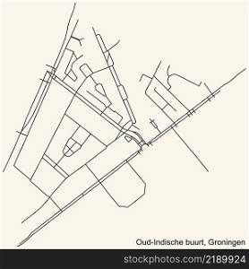 Detailed navigation black lines urban street roads map of the OUD-INDISCHE BUURT NEIGHBORHOOD of the Dutch regional capital city Groningen, Netherlands on vintage beige background