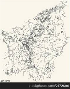 Detailed navigation black lines urban street roads map of the Republic of SAN MARINO on vintage beige background
