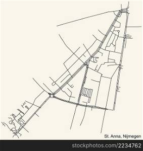 Detailed navigation black lines urban street roads map of the ST. ANNA NEIGHBORHOOD of the Dutch regional capital city Nijmegen, Netherlands on vintage beige background