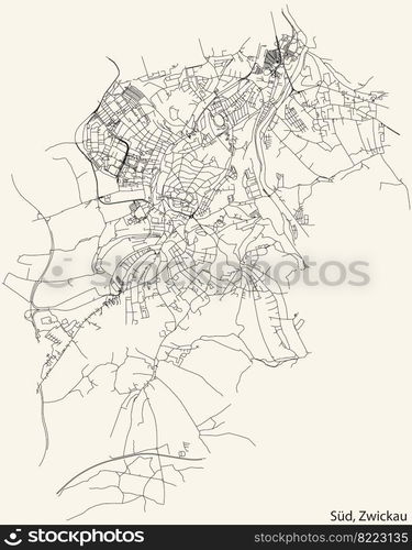 Detailed navigation black lines urban street roads map of the SUD ...