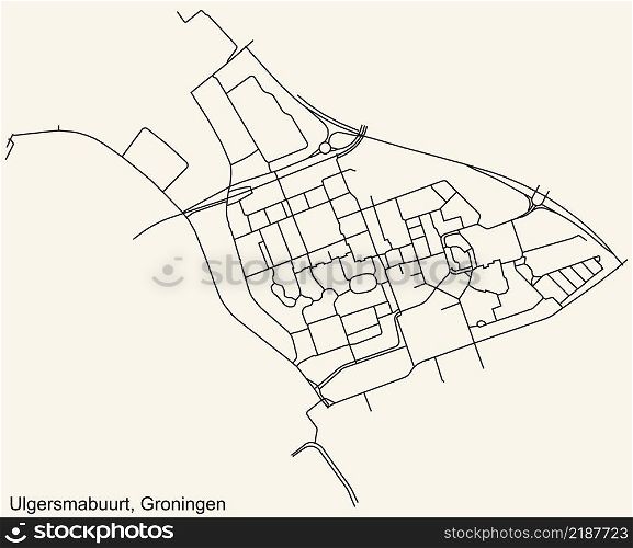 Detailed navigation black lines urban street roads map of the ULGERSMABUURT NEIGHBORHOOD of the Dutch regional capital city Groningen, Netherlands on vintage beige background