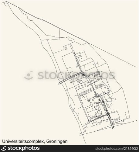 Detailed navigation black lines urban street roads map of the UNIVERSITEITSCOMPLEX NEIGHBORHOOD of the Dutch regional capital city Groningen, Netherlands on vintage beige background
