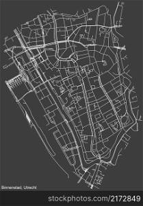 Detailed negative navigation white lines urban street roads map of the BINNENSTAD QUARTER of the Dutch regional capital city Utrecht, Netherlands on dark gray background