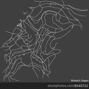 Detailed negative navigation white lines urban street roads map of the BURBACH QUARTER of the German regional capital city of Siegen, Germany on dark gray background