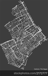 Detailed negative navigation white lines urban street roads map of the CENTRUM DISTRICT of the Dutch regional capital city The Hague, Netherlands on dark gray background