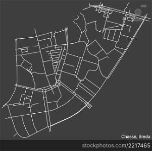 Detailed negative navigation white lines urban street roads map of the CHASSE NEIGHBORHOOD of the Dutch regional capital city Breda, Netherlands on dark gray background