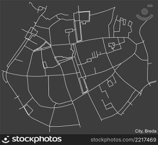Detailed negative navigation white lines urban street roads map of the CITY NEIGHBORHOOD of the Dutch regional capital city Breda, Netherlands on dark gray background